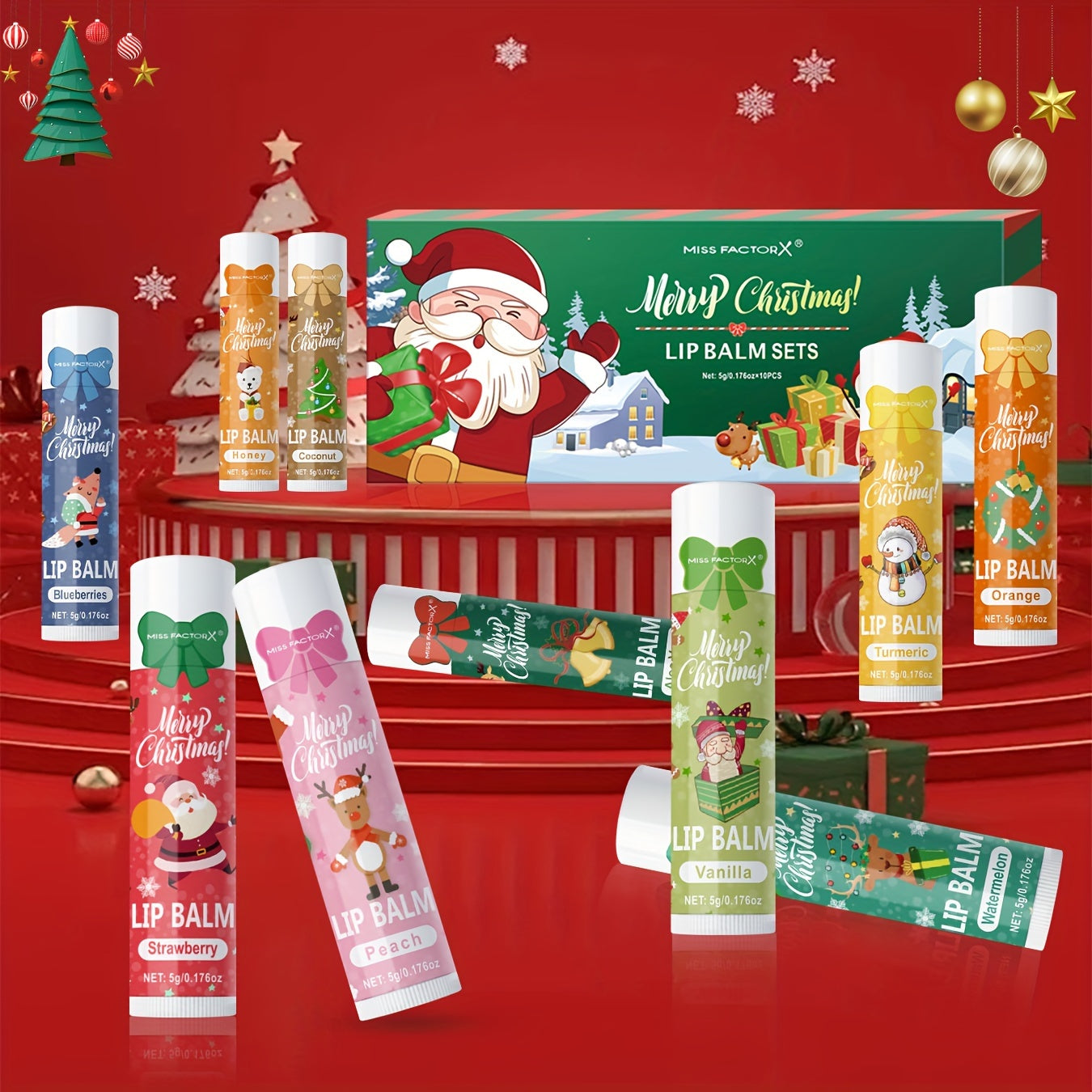 Gift Set 10pcs/Box Deep Hydration Long-Lasting Moisturizing Lip Balm Set Smooth Lips Christmas Theme Gift.