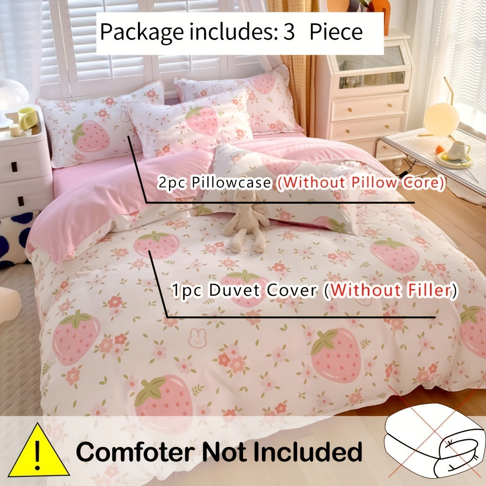 3pcs, 120g Healing Cute Pink Bubble Girl Heart Cream Strawberry Quilt Cover Set (1 Quilt Cover + 2 Pillowcases), No Quilt Core and Pillow Core, Suitable for Bedroom Dormitory, Soft and Comfortable