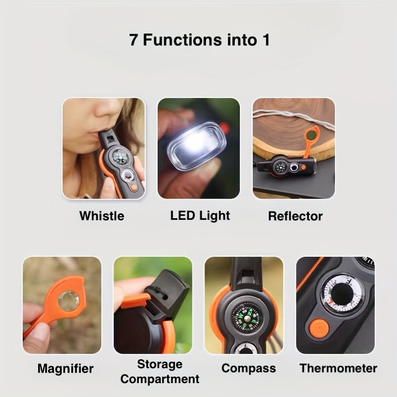 7-in-1 Survival Whistle with Compass, Magnifying Glass, Thermometer, and Emergency Functionality – Durable ABS Material, Black & Orange Design, Perfect for Outdoor Adventures