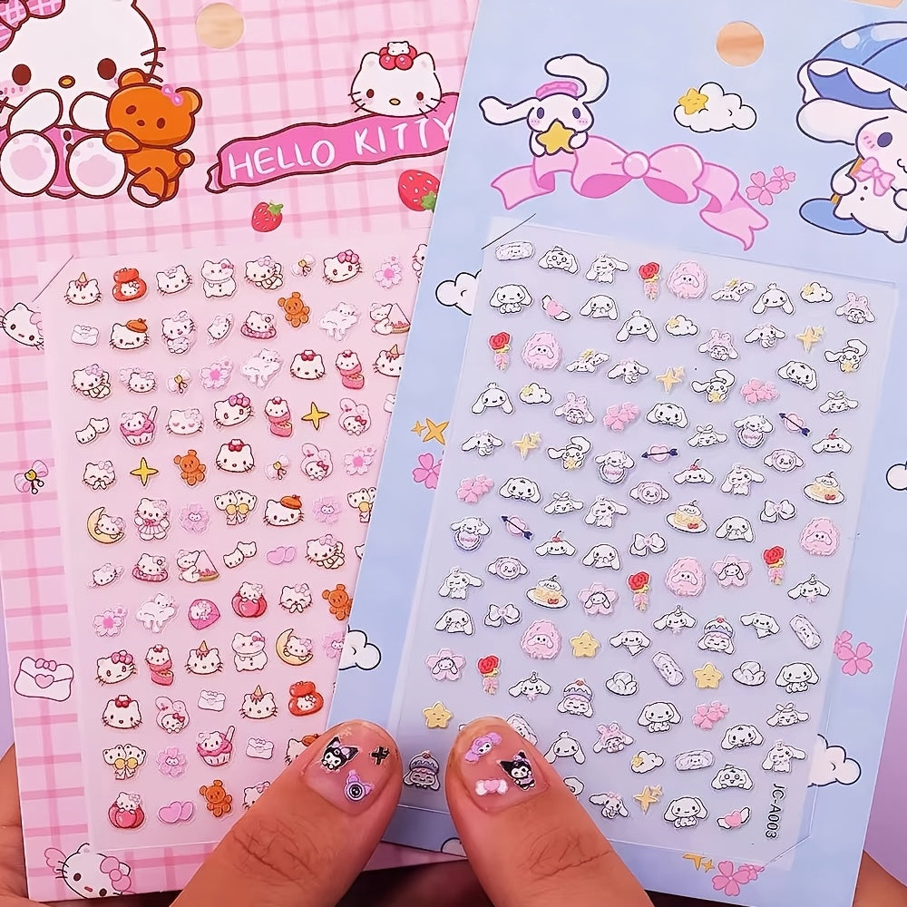 2pcs Sanrio Nail Art Stickers 5D Embossed Kuromi Cinnamoroll & HelloKitty Designs Nail Decals Kawaii Cartoon Self-Adhesive Decals for DIY Manicures Decoration