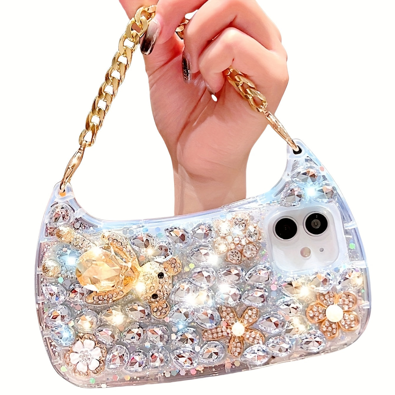 For iPhone 16promax Shiny Luxury Bag Luxury Wrist Chain Bag with Shiny Transparent Protective Case for iPhone 16promax 11 12 13 14 Pro Max X XS XR 7 8 Plus SE 16 Protective Cover