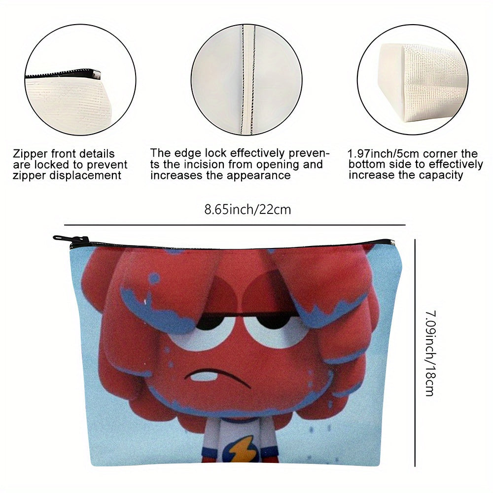 1pc Jelly Jamm Multi-functional Storage Bag - Gender-Neutral Zippered Pouch for Chargers, Accessories & Cosmetics, Durable Linen Material, 21.97 x 15.24 cm, Neon Green with Cartoon Character Design, Travel Bag|Playful Design|
