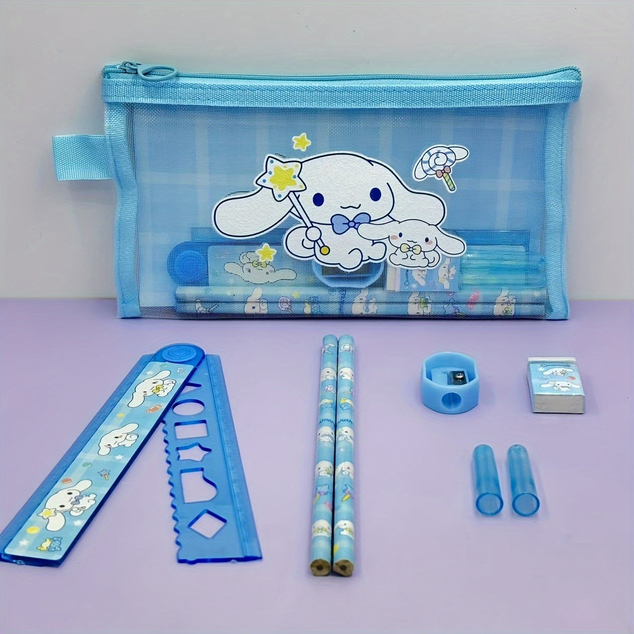 8pcs Sanrio Nylon Mesh Stationery Set with Pencil Cas