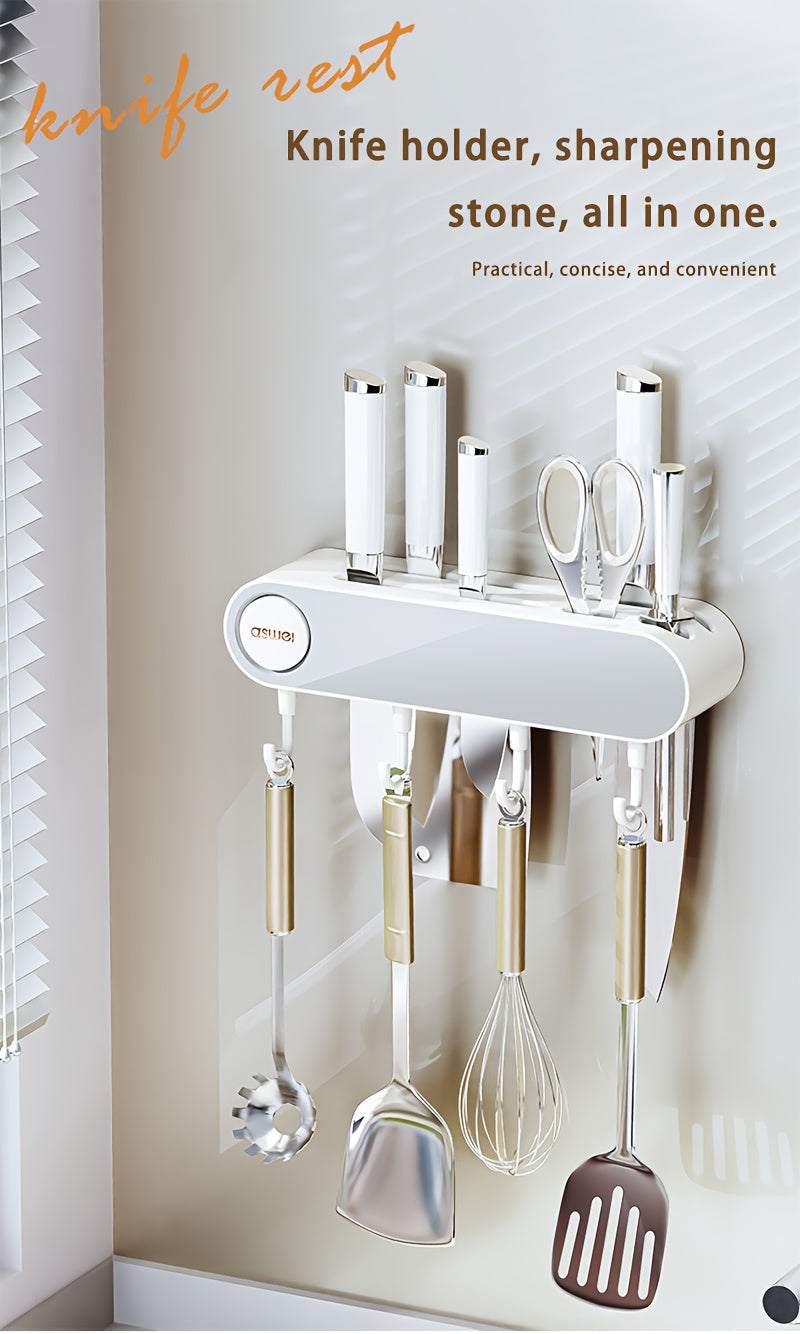 Multifunctional Wall Hanging Knife Holder, Can Hold Multiple Knives, with Integrated Sharpening Stone, Equipped with 4 Hooks, Suitable for Spatulas, Funnel, Kitchen Tools