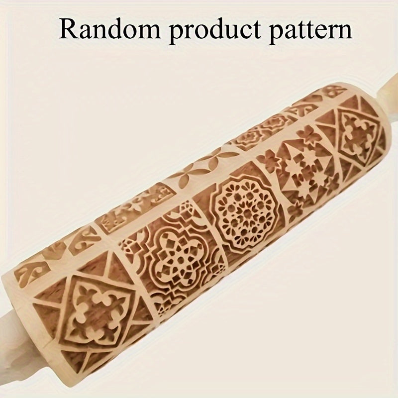 1pc Wooden Embossing Rolling Pin, 13.77"x1.77", Christmas & Halloween Printed, for Pizza, Pies, Dumplings, Noodles, Kitchen Gadgets, Restaurant Home Cooking Supplies