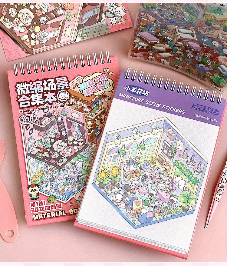 20pcs Scene Cardstock + 25pcs Stickers + 1 Tweezer Micro Scene Combination Book Set, 3D Scene Stickers for DIY Miniature Houses