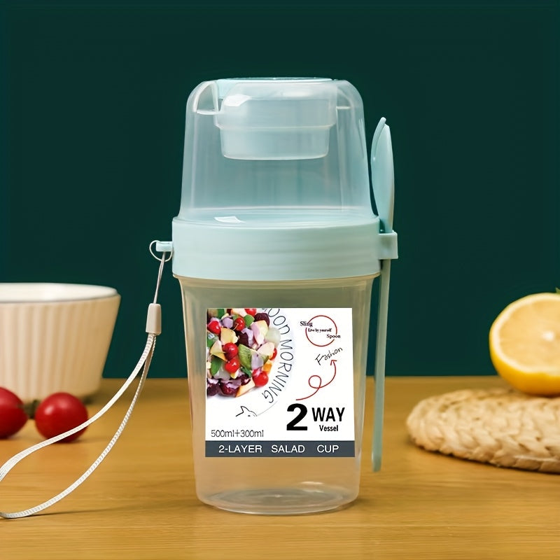 Salad Container to Go, Cereal Cup to Go, Lunch Accessories - Two-in-one Portable Salad Cup Container Set, with Dressing Rack and Fork, BPA-free Plastic, Hand Wash, Lightweight Rectangular Water Bottle Set, for Yogurt, Cereal,