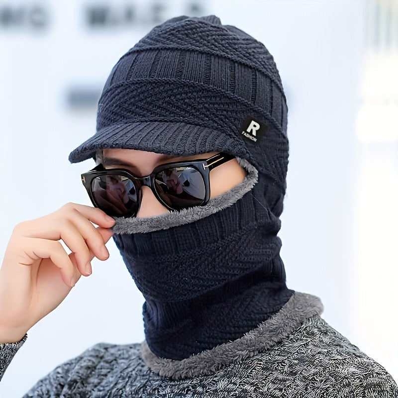 Men's Winter Beanie Hat with Integrated Neck Warmer and Fleece Lining