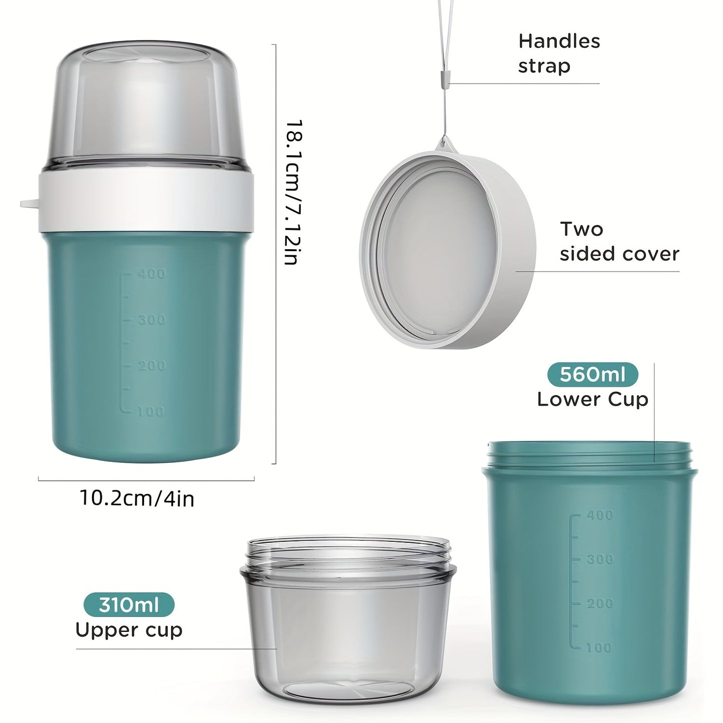 Breakfast Cereal Cup, 2-in-1 Takeaway Yogurt Jar, Back to School Lunch Box, Yogurt Cup, Leakproof Overnight Oatmeal Jar Breakfast Storage Container Suitable for School Class Office Travel Picnic - 560ml+310ml