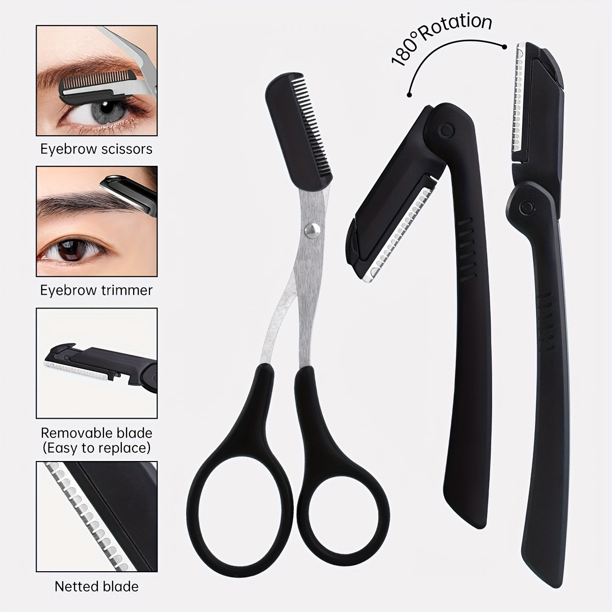 8/9/12pcs Stainless Steel Eyebrow Grooming Kit, Portable Black Set for Women and Men, Includes Eyebrow Brush, Razors, Comb, Scissors, Folding Razor, Trimmer, Tweezers with Comb, Lash Separator, No Electricity Needed