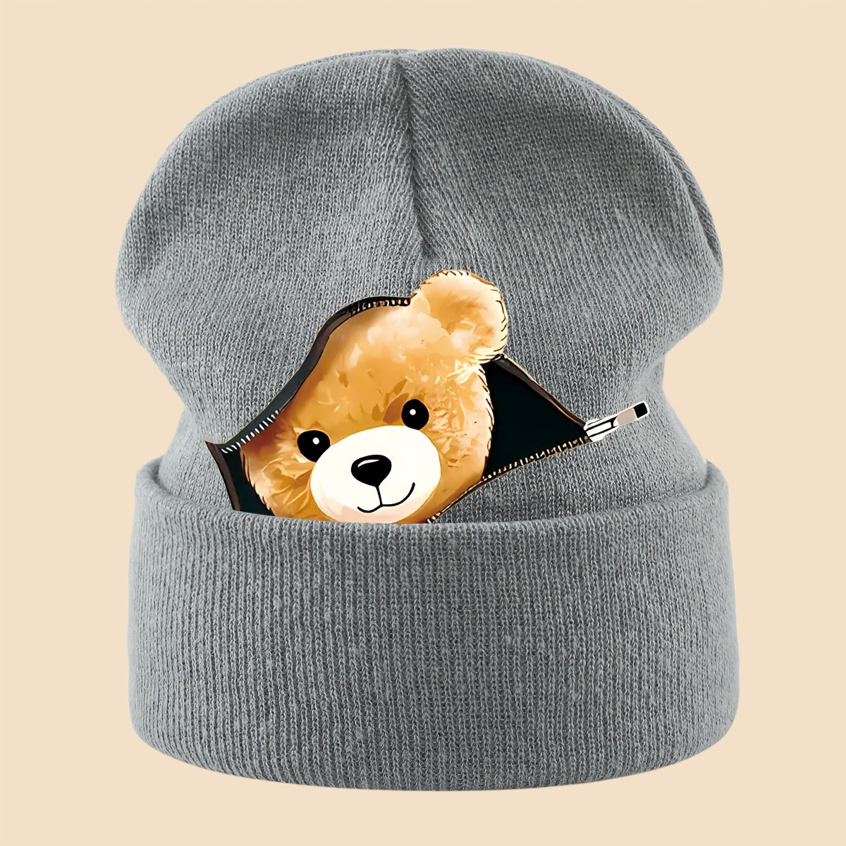 1pc Warm Skull with Zipper Bear Print, Unisex Loose-Fit Beanie for Men and Women - Cozy Fall/Winter Cold Weather Protection, Versatile Casual Hat for Commuting, Travel & Holiday Gifts, Fashionable Headwear, Perfect For Outdoo