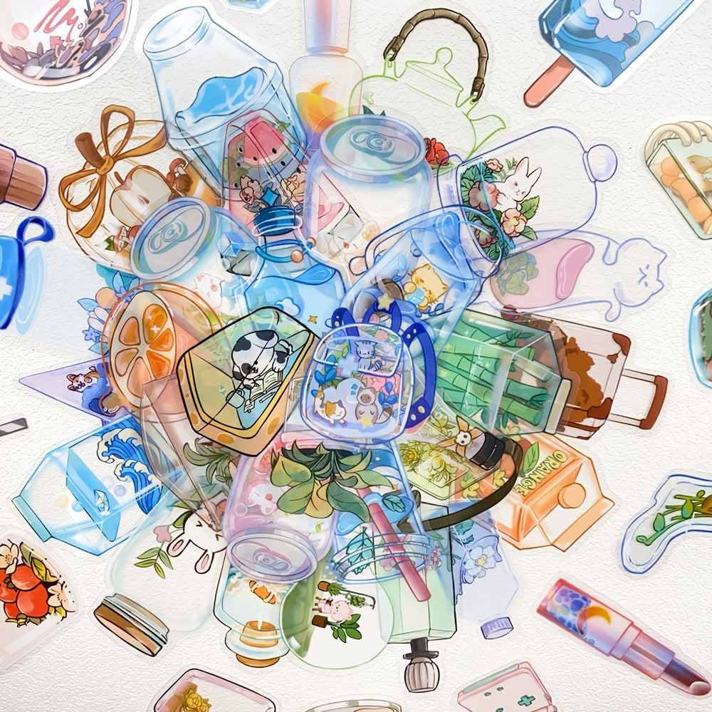 50pcs Transparent Objects Stickers Decals for Laptop Luggage Skateboard Helmet Guitar Cartoon PET Aesthetic Stickers Students Toys Gifts