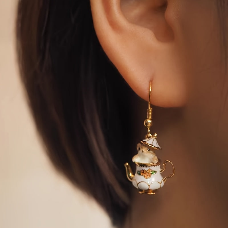 Pair of Whimsical Teapot & Mouse Enamel Dangle Earrings - Elegant Vintage-Inspired Zinc Alloy, Golden-Tone Finish for Casual Attire, Quirky Earrings