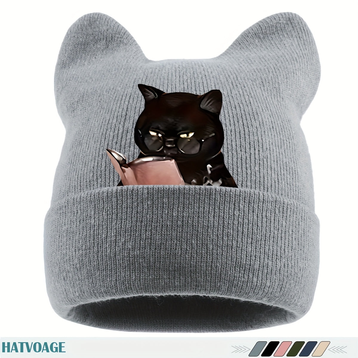 1pc Cute Black & White Cat Ear Beanie Hat with Book-Loving Siamese Cat Face