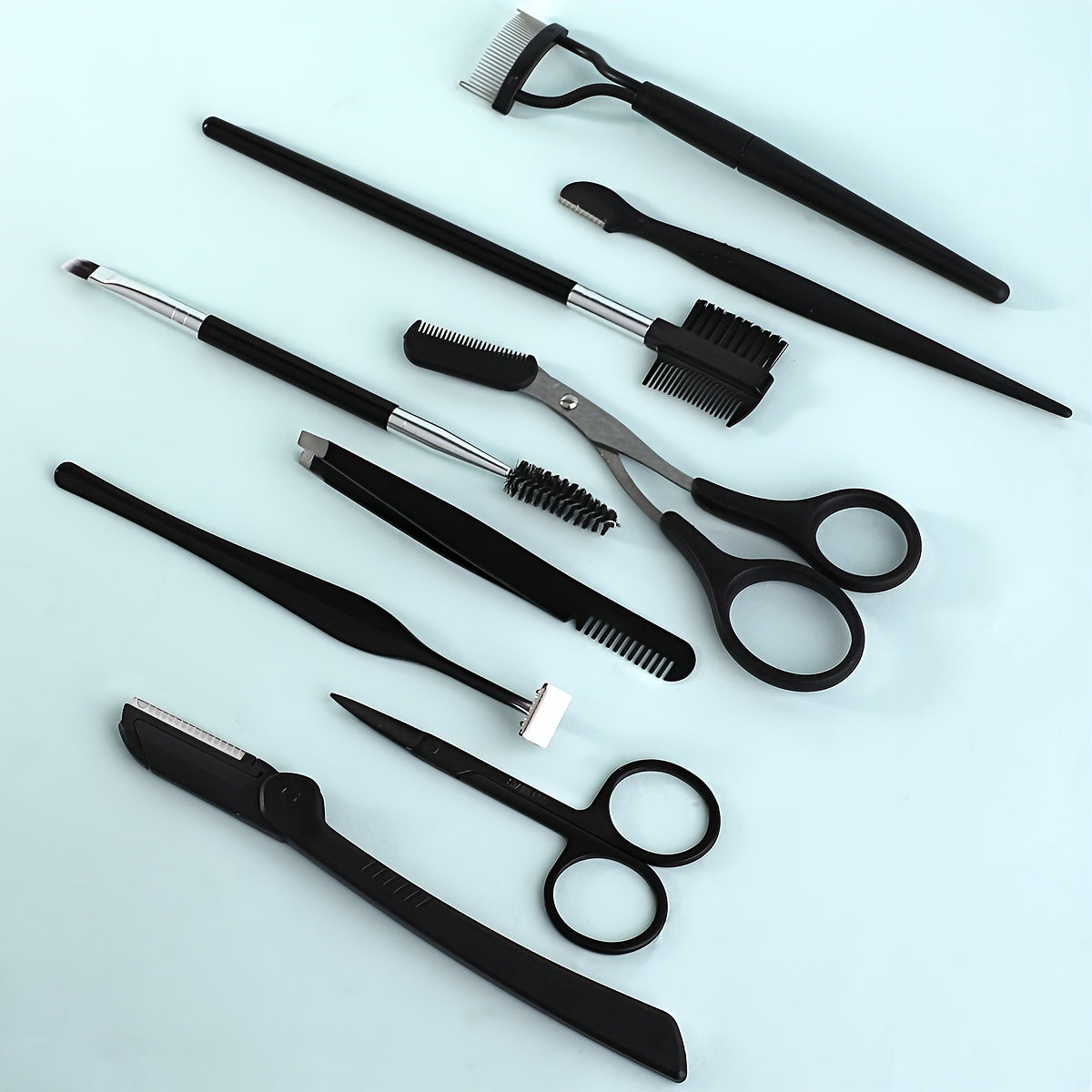 8/9/12pcs Stainless Steel Eyebrow Grooming Kit, Portable Black Set for Women and Men, Includes Eyebrow Brush, Razors, Comb, Scissors, Folding Razor, Trimmer, Tweezers with Comb, Lash Separator, No Electricity Needed