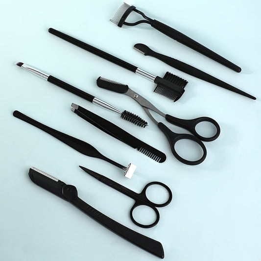 8/9/12pcs Stainless Steel Eyebrow Grooming Kit, Portable Black Set for Women and Men, Includes Eyebrow Brush, Razors, Comb, Scissors, Folding Razor, Trimmer, Tweezers with Comb, Lash Separator, No Electricity Needed