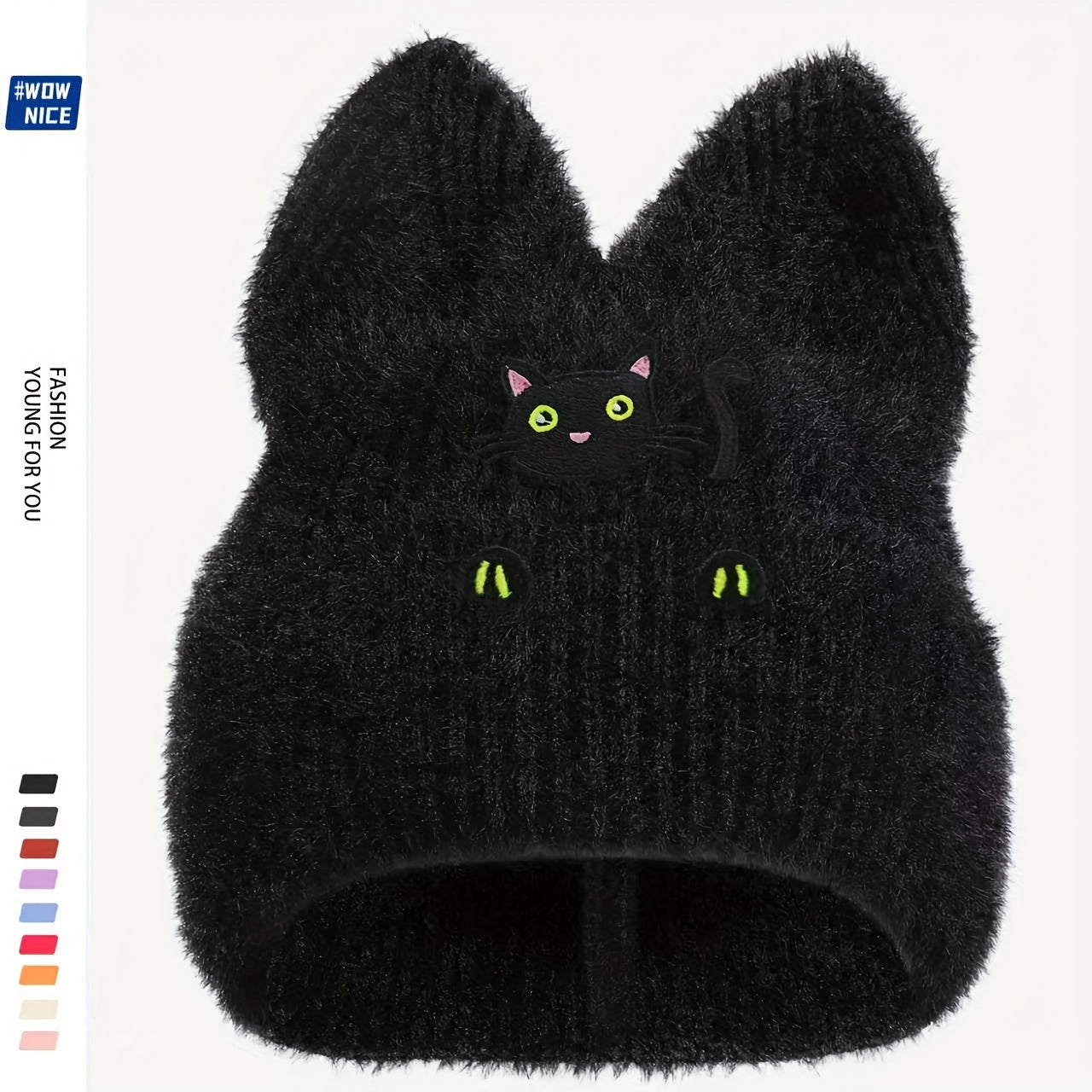 Women's & Men's Black Cat Ear Beanie Hat with Hand