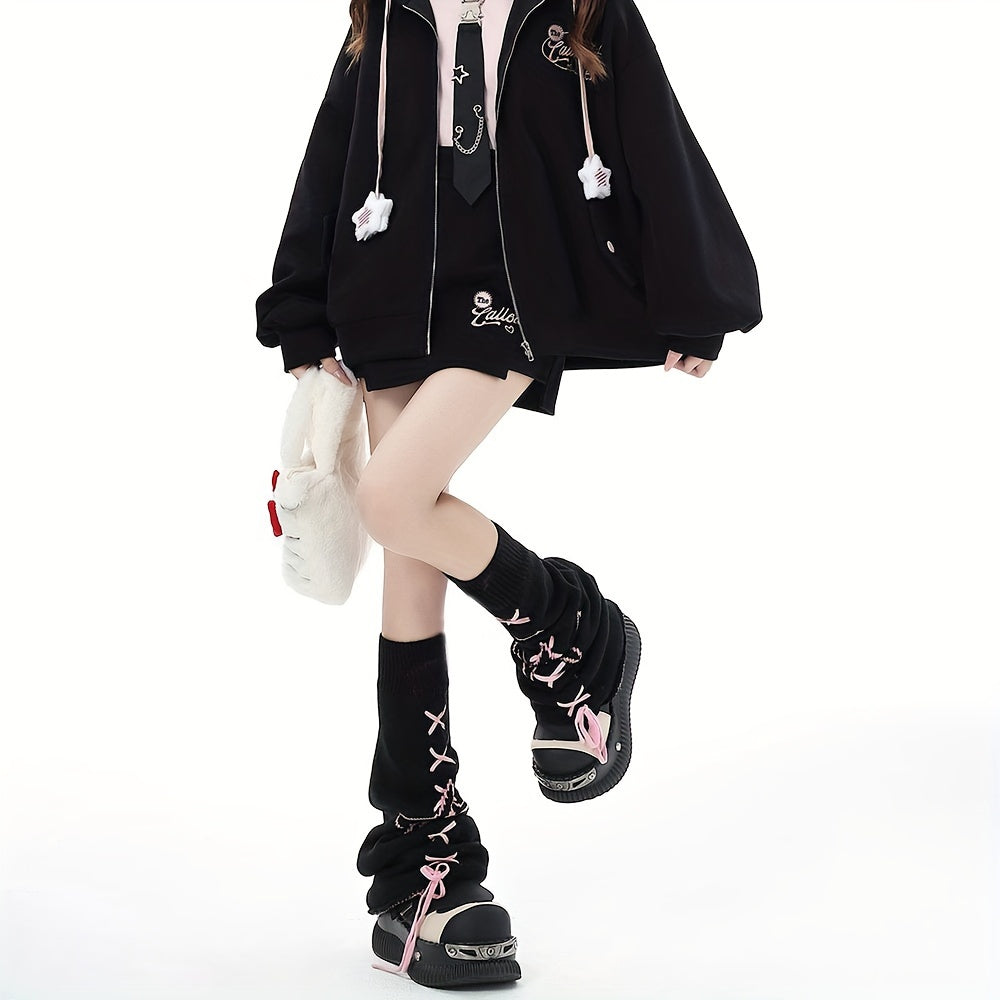 1 Pair Autumn/Winter Japanese Style Star Embroidery Cross Strap Flare Socks Set Y2K Harajuku Color Block Five-Pointed Star Cosplay Wide-Leg Leggings
