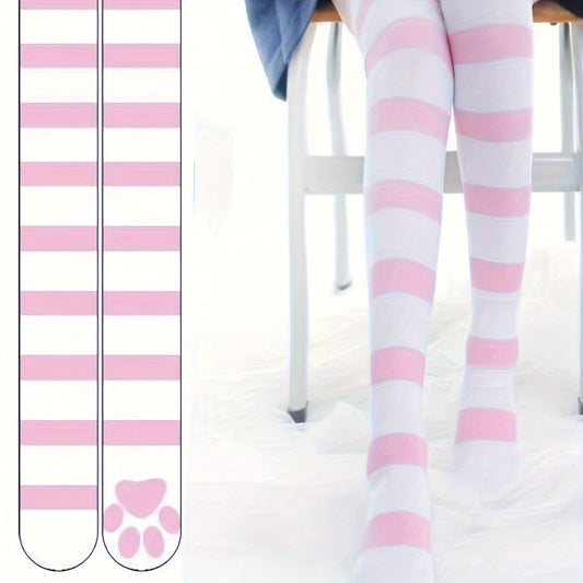 Anime-Inspired Striped Over-The-Knee Socks with Paw Print - Polyester Knit Fabric, Comfortable Thigh High Cosplay Stockings, Hand Washable - 1 Pair