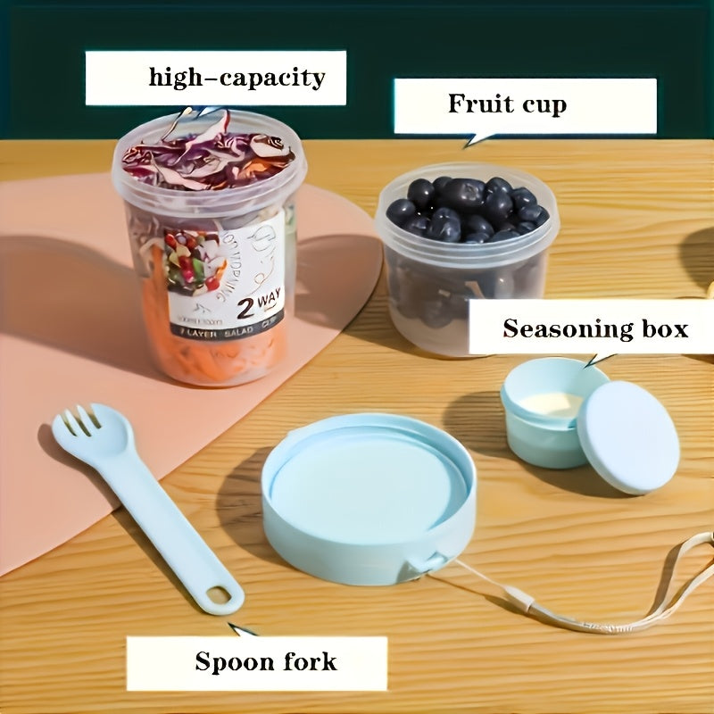 Salad Container to Go, Cereal Cup to Go, Lunch Accessories - Two-in-one Portable Salad Cup Container Set, with Dressing Rack and Fork, BPA-free Plastic, Hand Wash, Lightweight Rectangular Water Bottle Set, for Yogurt, Cereal,