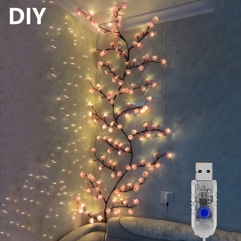 1pc Kinpho Cherry Blossom LED Branch Lights, 72/96/144 LEDs, Flexible and Bendable Sakura Vine String Lights, 8 Flashing Modes, USB Powered, DIY for Indoor Atmosphere Decoration, Ideal for Bedroom, Living Room, Wall, Party, H