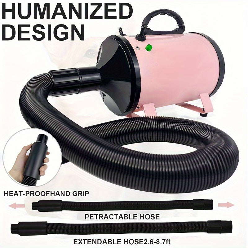 2800W Low Noise Pet Dog Cat Grooming Hair Dryer with 2.5M Hose, 3 Different Nozzles, and Heater