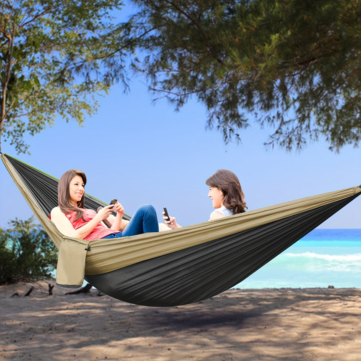 Extra-Large Double Camping Hammock, 3m x 2m (300*200cm), Includes Two 2m Tree Straps, Two D-Shaped Stainless Steel Hooks, and a Storage Bag, Each Tree Strap 8+1 Rings, Portable Hammock Made of 210T Parachute Material. Durable