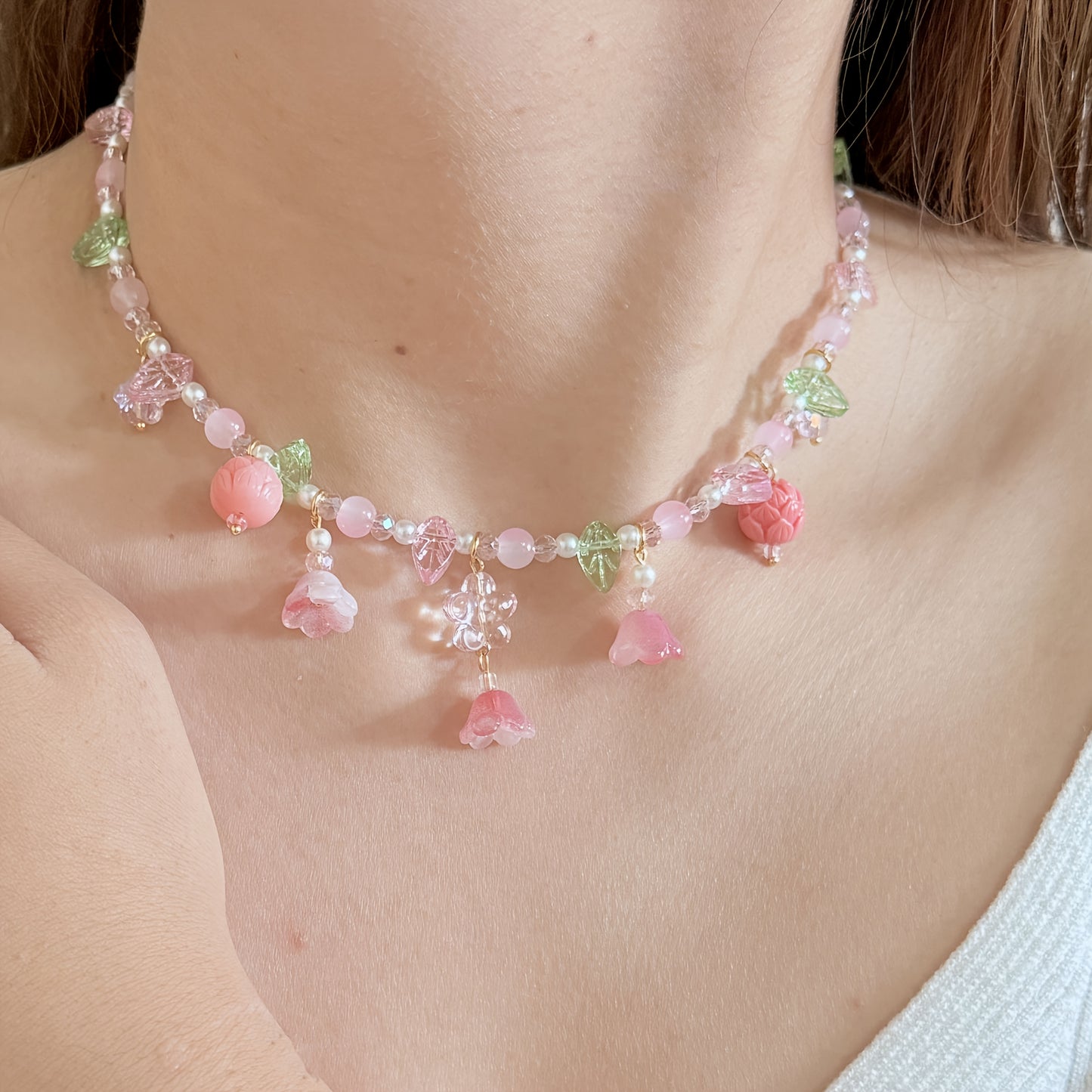 1 Set Bohemian Handcrafted Beaded Jewelry, Pink Floral & Leaf Design, Elegant Necklace and Bracelet Combo for Women, Perfect for Daily Wear & Special Occasions, Ideal Valentine's Day Gift