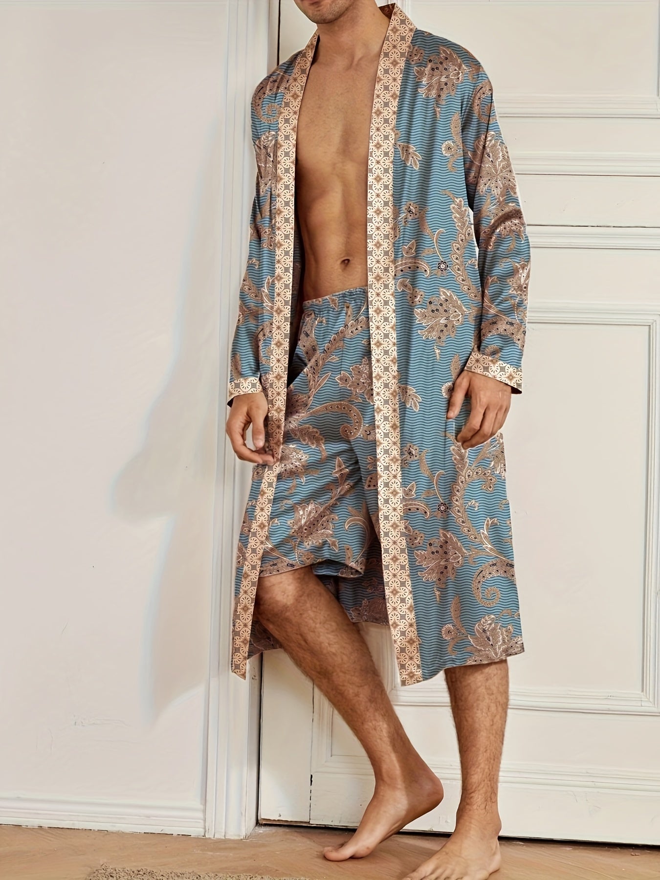 Men's Sleep Robe, Elegant And Light Luxury Pajamas Set, Stylish Gorgeous Floral Print, V-neck Long Sleeve .