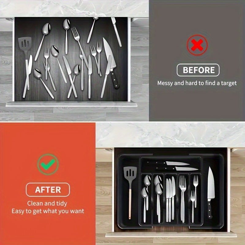 1pc Expandable Kitchen Drawer Organizer for Silverware, Adjustable Plastic Utensil Holder for Spoons, Forks, Knives - Large Capacity Storage Box, Kitchen Drawer Organizer|Sleek Black Finish|Durable Plastic Construction, Utens