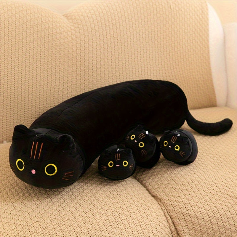 Soft 4pcs Cat Family Plush Toy Set - Cozy Polyester Pillows in Bright Pink, Gray, Black Colors - Stuffed Animal Dolls for Youngsters