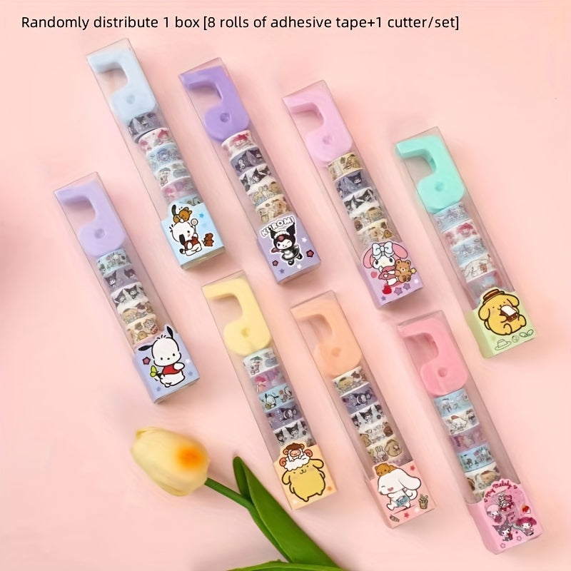 1 box of 8 rolls of adhesive paper + a cutter/set of random models Sanrio Hello Kitty Melody Yuguigou Pudding Dog Pacha Dog adhesive tape roll sealing sticker set sticker set small gift