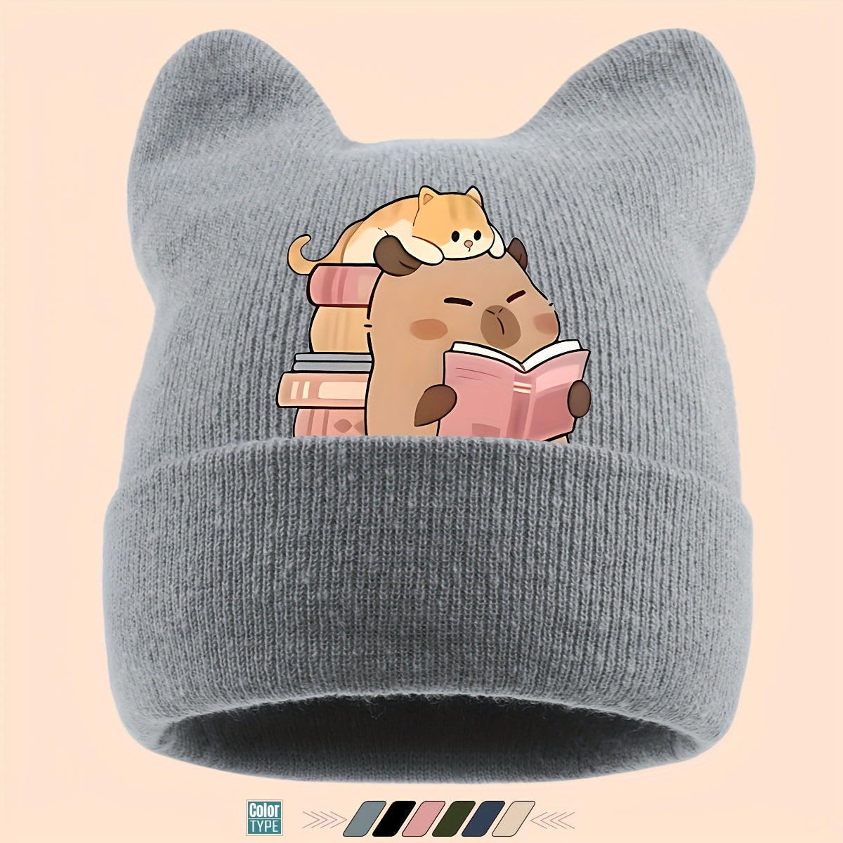 1pc Warm Soft Ear Beanie Hat with Cute Capybara Print
