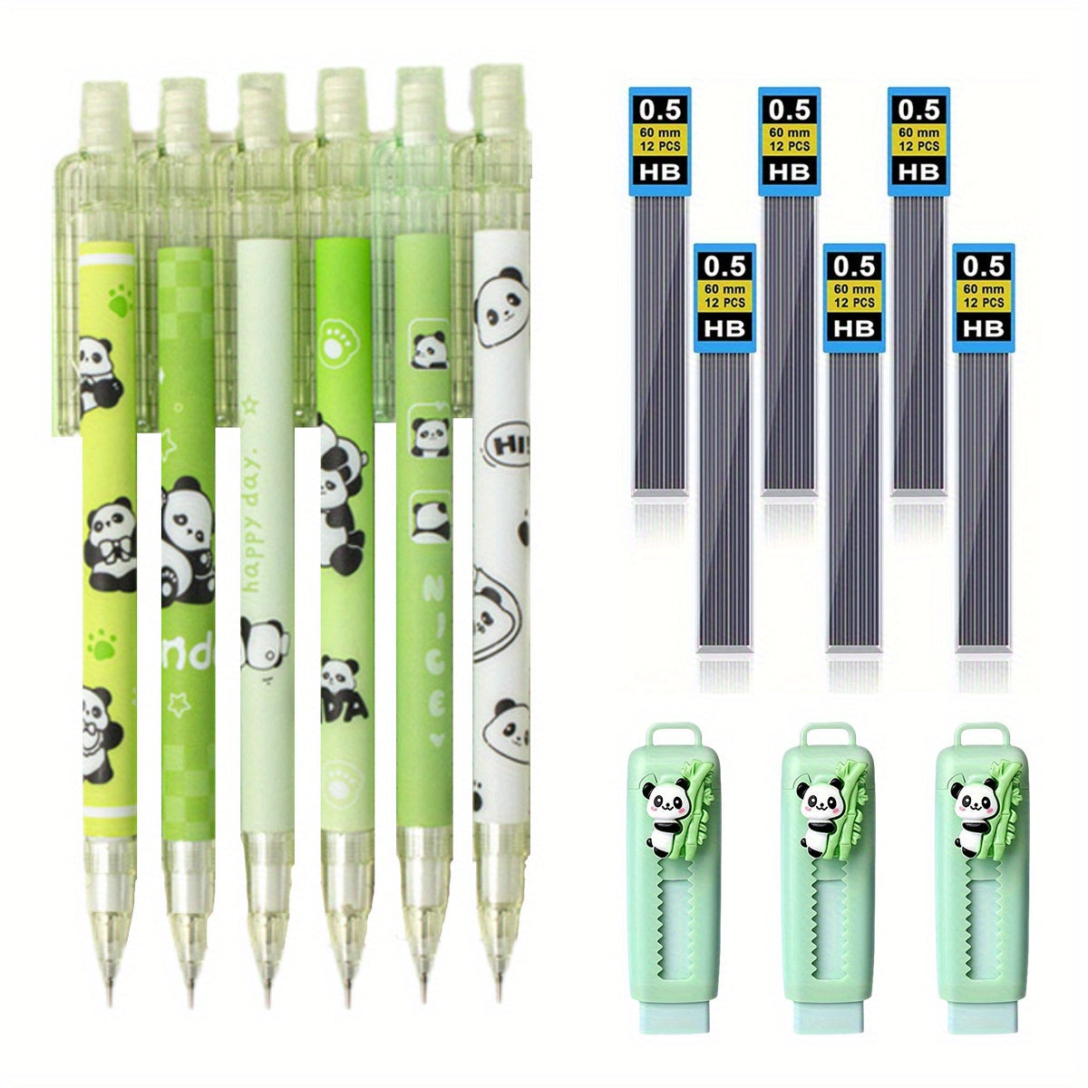 [15pcs Cute Panda Mechanical Pencil] 15pcs Cute Panda Mechanical Pencil Set with Refills & Erasers - 0.5mm Black Ink, Perfect for Writing, Drawing & Sketching, Kawaii, Tubes