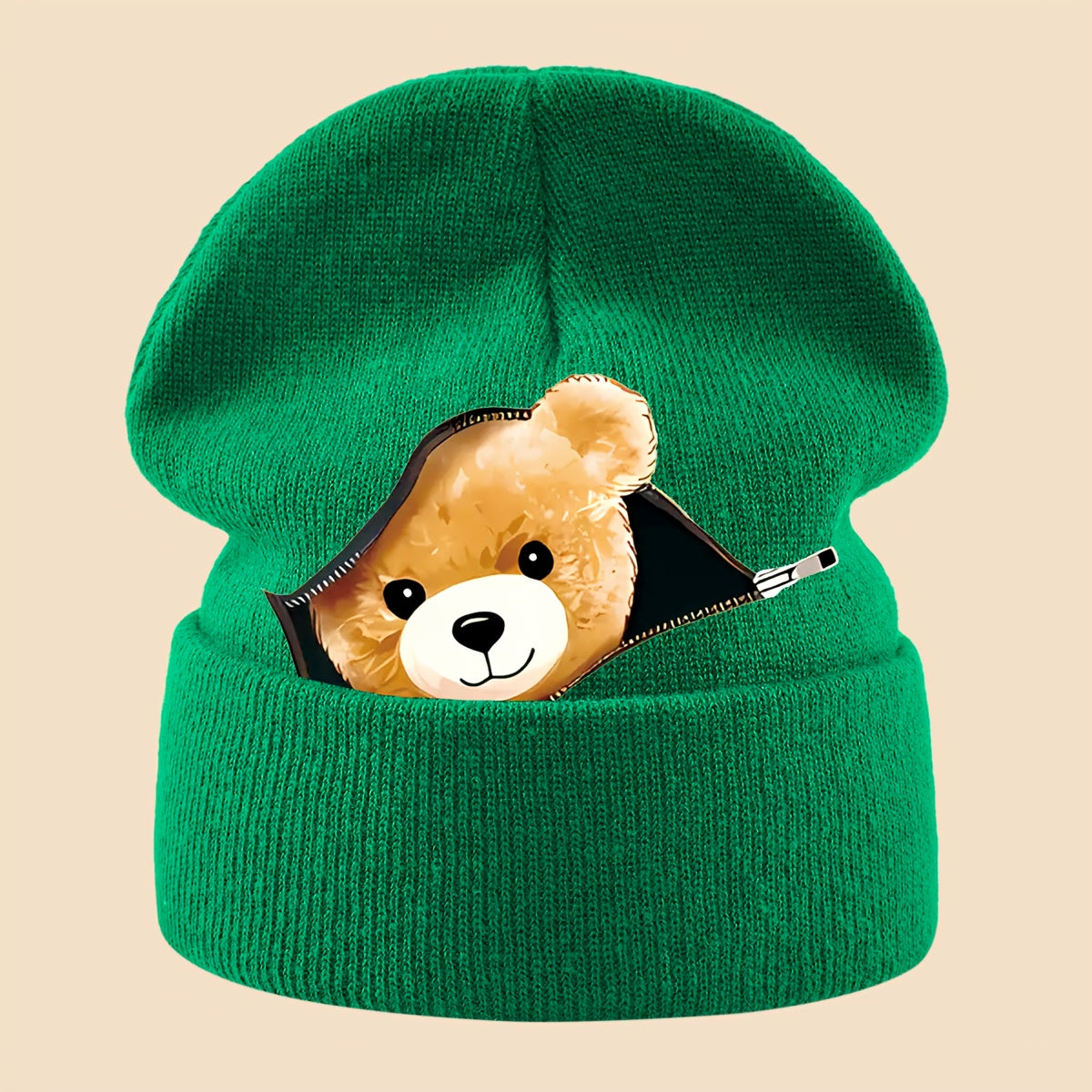 1pc Warm Skull with Zipper Bear Print, Unisex Loose-Fit Beanie for Men and Women - Cozy Fall/Winter Cold Weather Protection, Versatile Casual Hat for Commuting, Travel & Holiday Gifts, Fashionable Headwear, Perfect For Outdoo