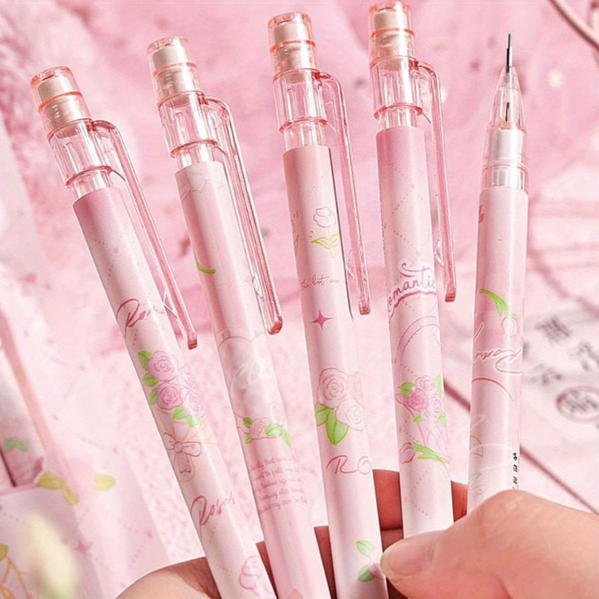 5pcs Cute Pink Mechanical Pencils 0.5mm Cartoon Rose Mechanical Pencil Kawaii Pencils School Pencil for Students Girls Boys Women Office School Suppies (5pcs Pink Rose)