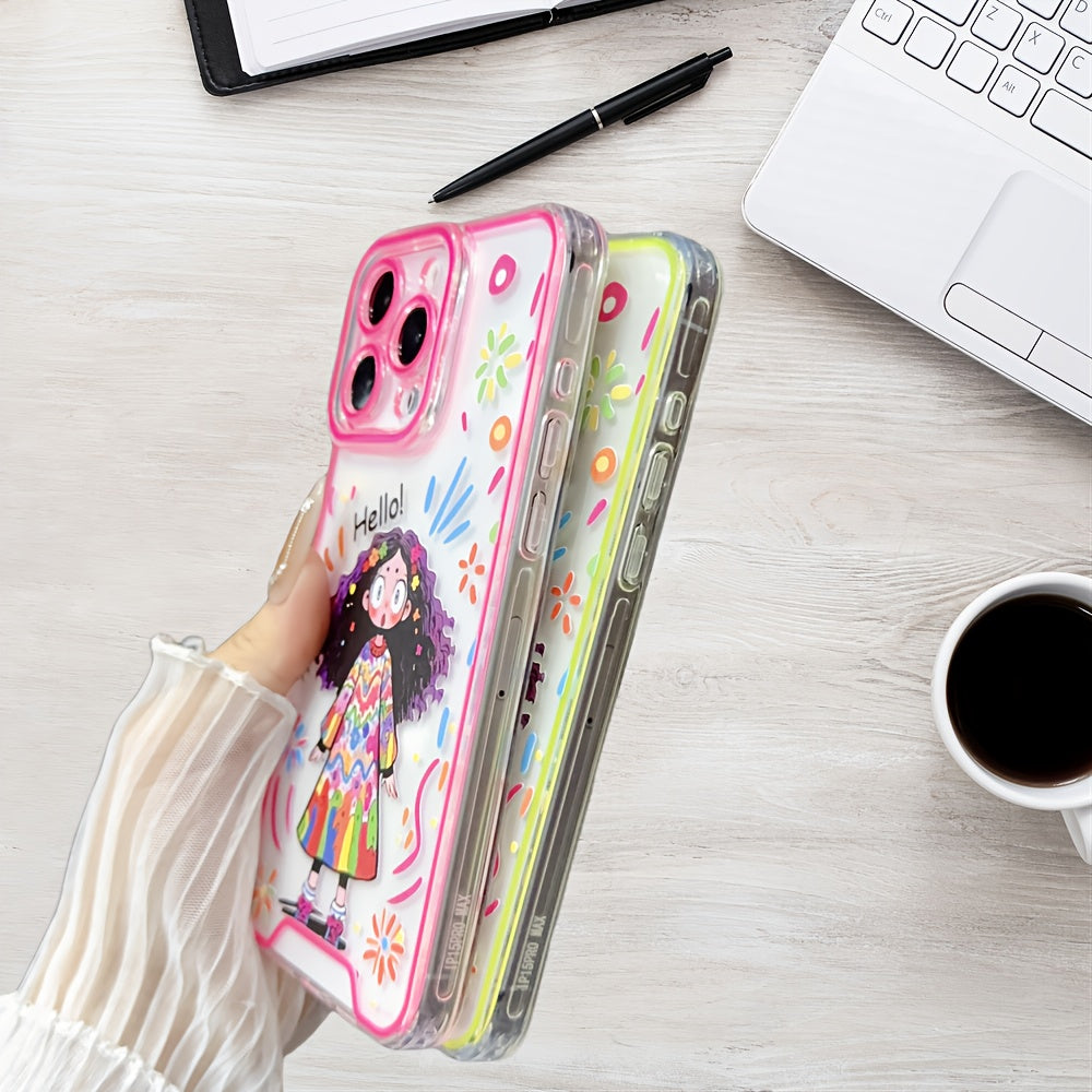 Adorable Curly Hair Girl with Luminous Anti-Fall Mobile Phone Case for iPhone15 Pro 14 Plus 13 12 11ProMax Full Protection Back Cover