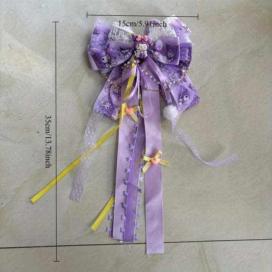 Sanrio Pink Bow Hair Clip with Long Ribbons, My Melody Princess Hair Accessory
