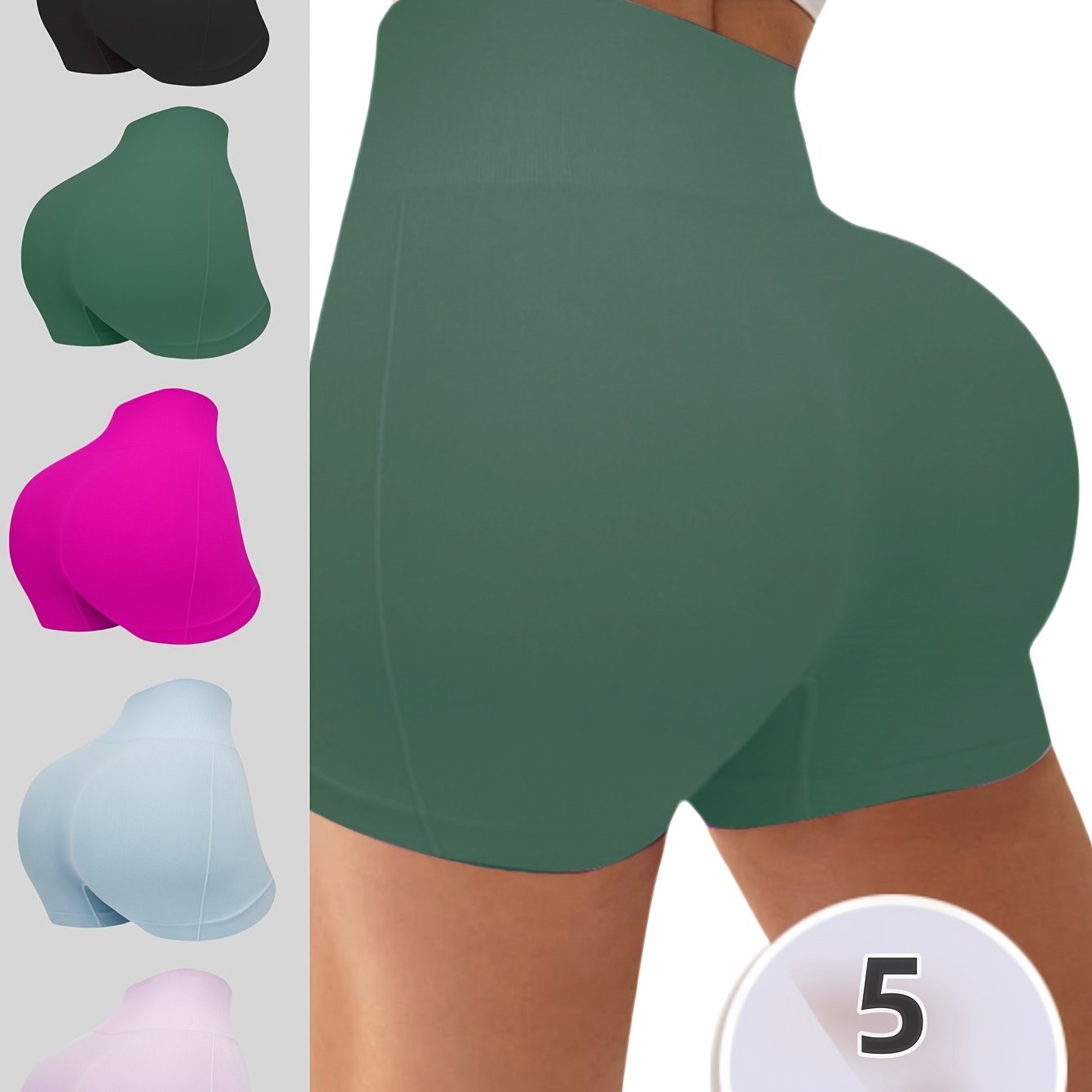 5pcs High-Waisted, High-Rise Athletic Shorts for Women - Black, Green, Pink, Light Blue, and Purple - Stretchy, Comfortable Yoga, Exercise, and Running Shorts, Exercise Shorts|Stretchy Fabric|Medium Support Sh