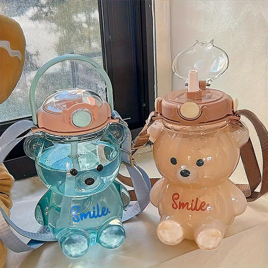 1pc Cute Bear Handheld Water Bottle, 34 oz/1000ml Large Capacity, PC Material, Flip Top, Straw Lid, Uncharged - Ideal for Milk, Tea, and More
