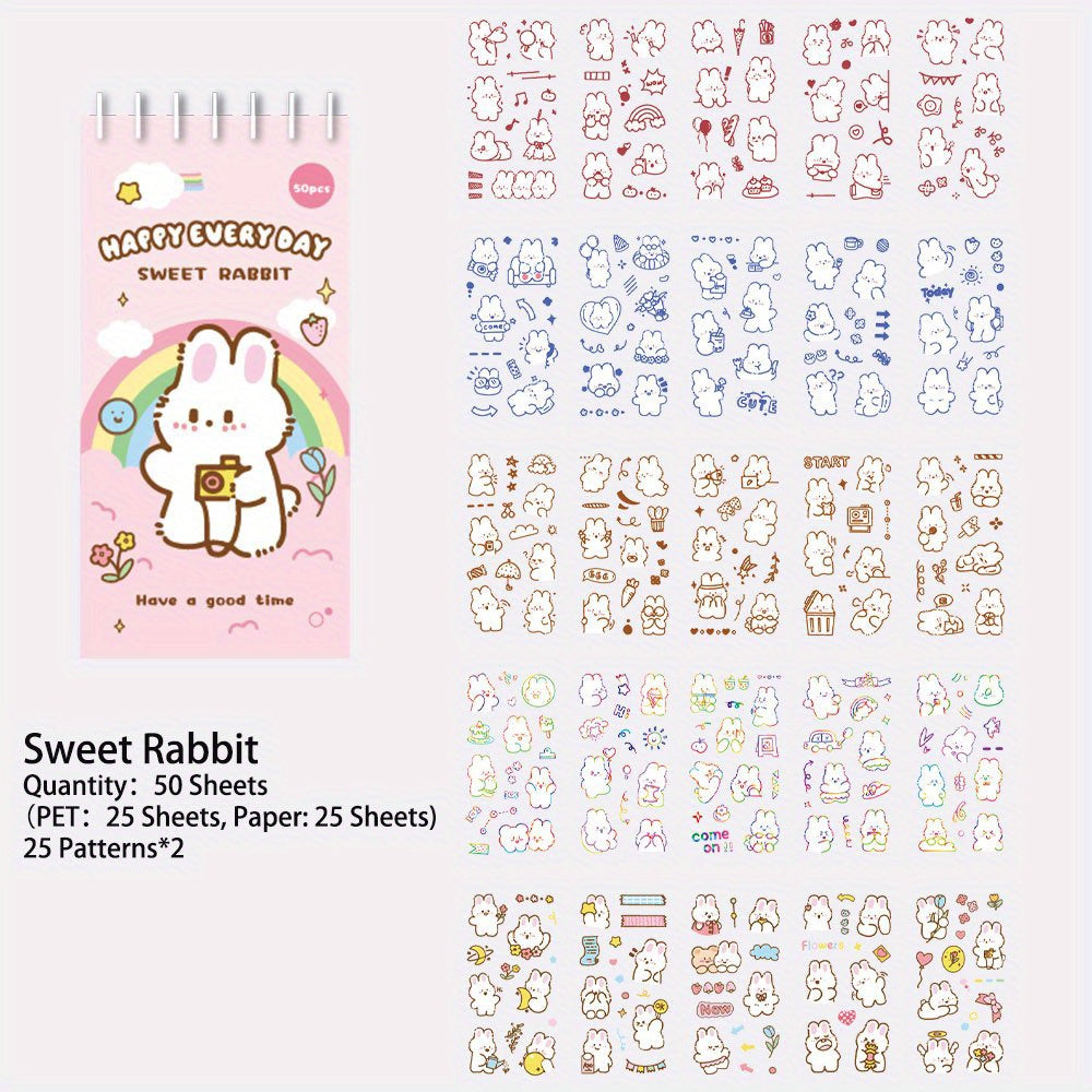 50 Sheets Cute Cartoon Rabbit Stickers Set | Waterproof PET Stickers for DIY Decorating Journaling Notebook | Scrapbooking Washi Stickers Stationery Supplies