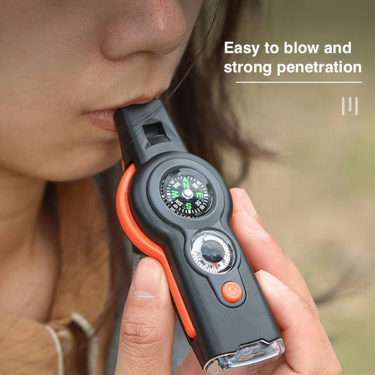 7-in-1 Survival Whistle with Compass, Magnifying Glass, Thermometer, and Emergency Functionality – Durable ABS Material, Black & Orange Design, Perfect for Outdoor Adventures