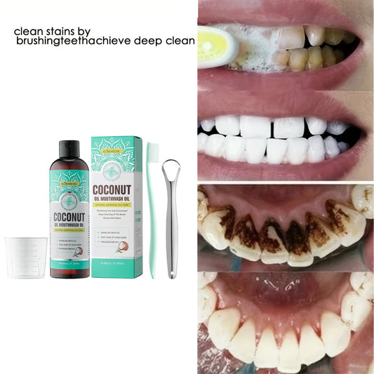 315Ml Concentrated Coconut Oil Mouthwash Set, Deep Cleaning Oral Care with Measuring Cup And Tongue Scraper, Fresh Breath, Daily Use for Oral Care.