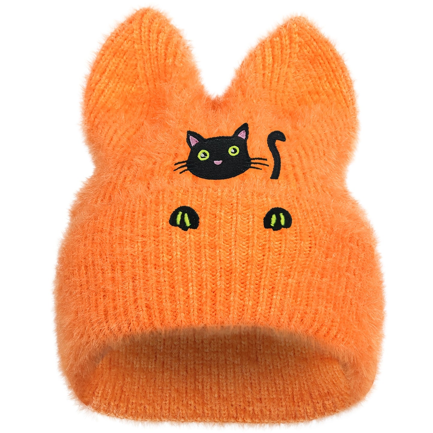 Black Cat Winter Knit Skull Cap with Cat Ears