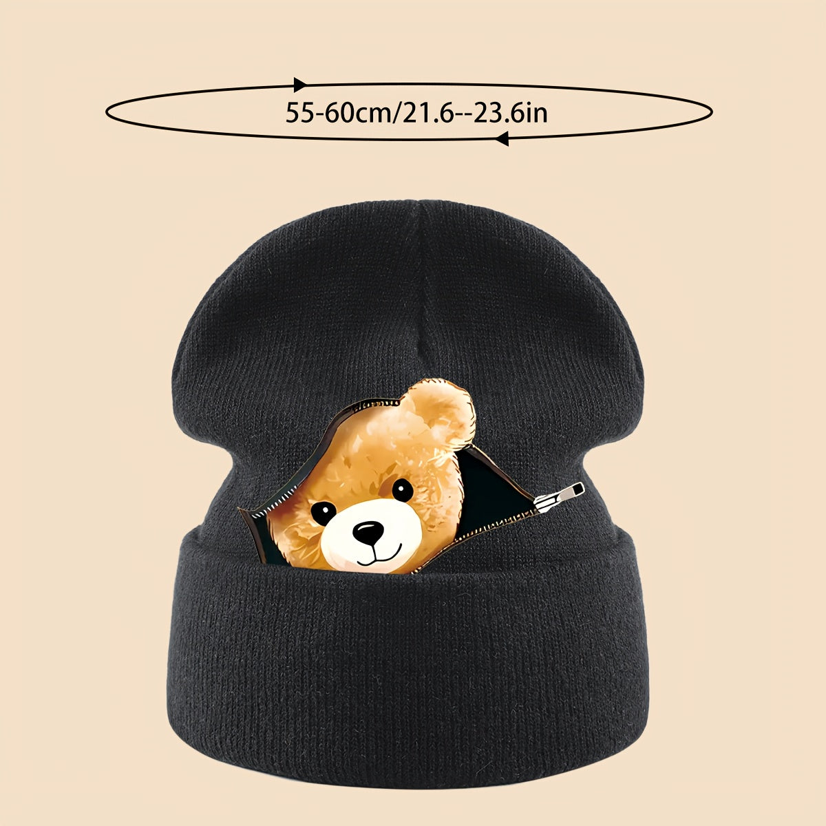 1pc Warm Skull with Zipper Bear Print, Unisex Loose-Fit Beanie for Men and Women - Cozy Fall/Winter Cold Weather Protection, Versatile Casual Hat for Commuting, Travel & Holiday Gifts, Fashionable Headwear, Perfect For Outdoo