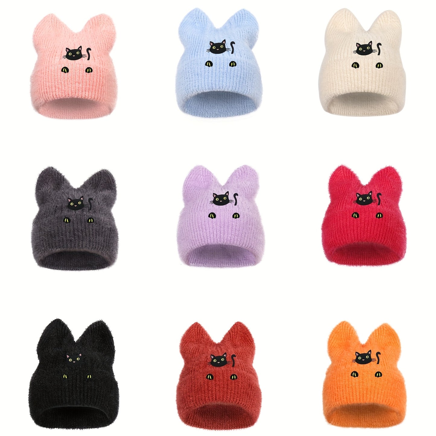 Black Cat Winter Knit Skull Cap with Cat Ears