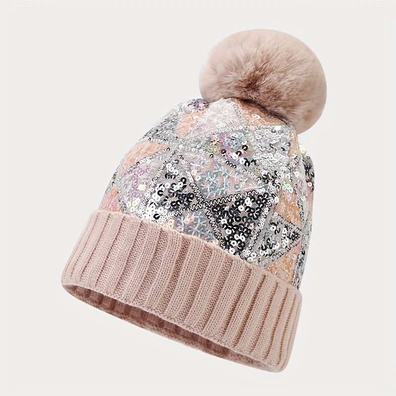 Sparkling Sequin Beanie Hat with Pom-Pom