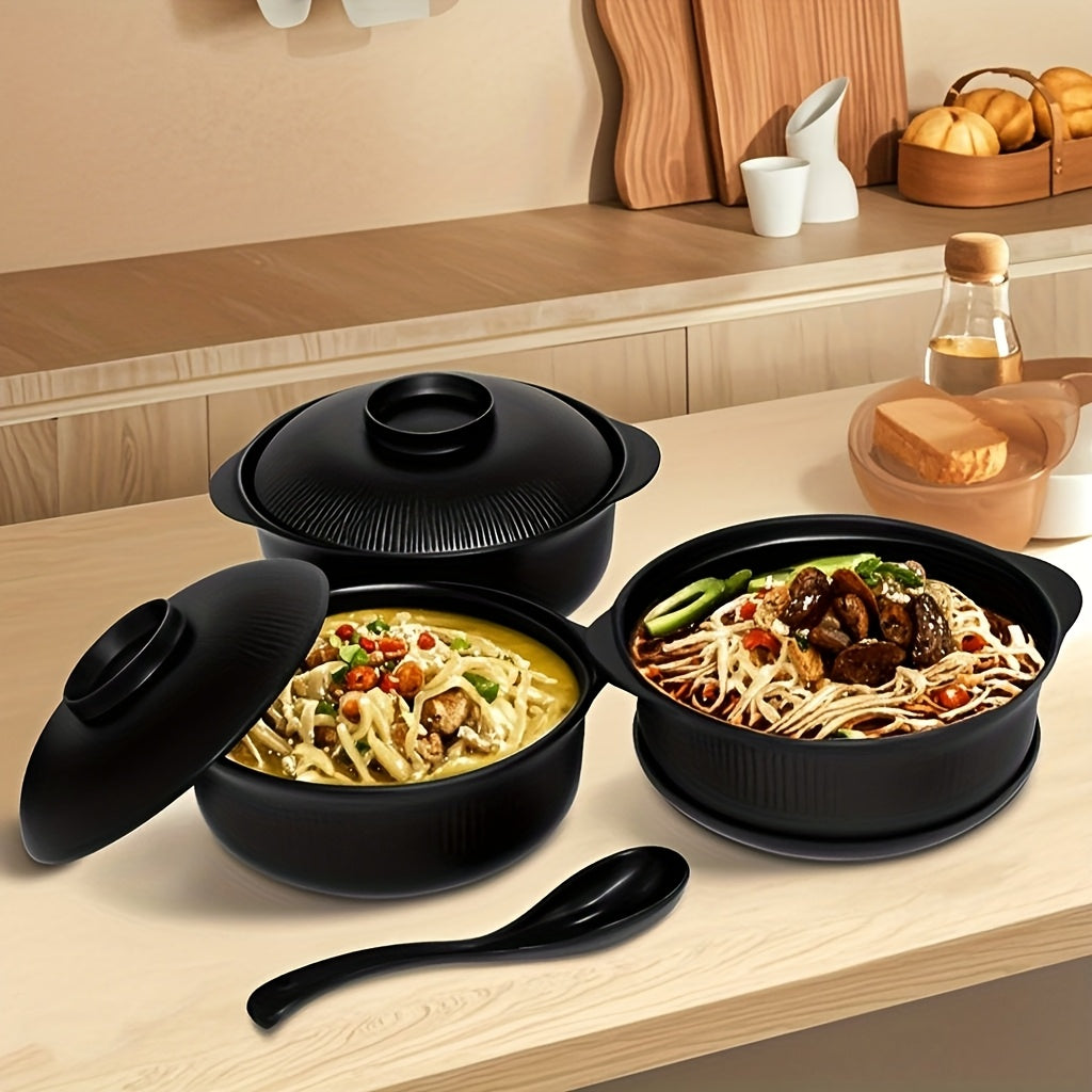 [Large Capacity] 4pcs Set of Large Capacity Casserole Bowls with Lids and Long Soup Spoons | 1100ml/38oz | Portable Large Soup Bowls, Japanese & Korean Ramen Bowls, Couple's Rice Bowls, Dinner Bowls, Romantic Bowls for Family