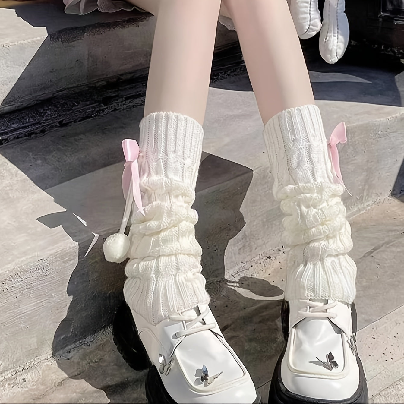 1 Pair Women'S Sweet Cute Pink Bowknot Pom Pom Knit Leg Warmers - Cozy & Versatile, Acrylic 90.0% Spandex 10.0%, Hand Washable, Knee-Length Design with Bow Detail, Warm Knit Leggings|Playful Fashion|Knitted Leggings
