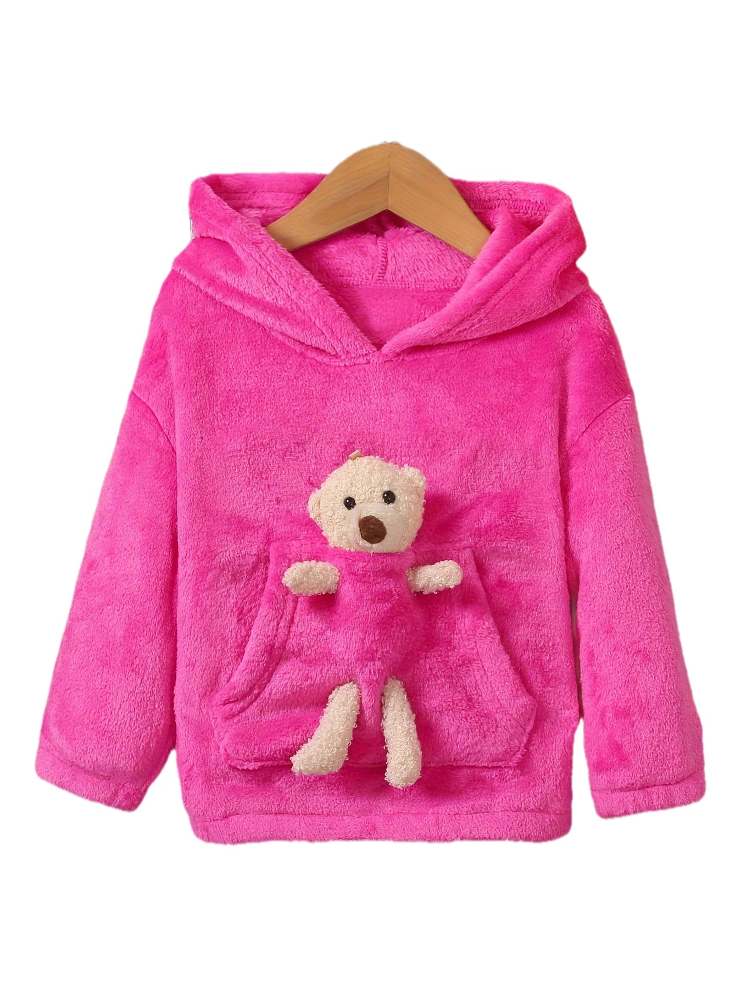Girls' Fashion Solid Color Hooded Pocket Bear Double